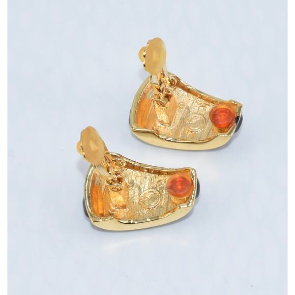 St. John Black and Gold Designer Runway Clip-On Earrings - Picture 5 of 7